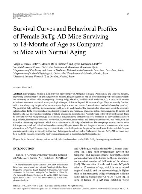 PDF Survival Curves And Behavioral Profiles Of Female 3xTg AD Mice