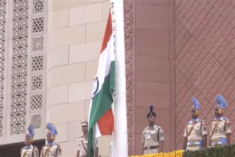 Historic Moment VP Dhankhar Hoists National Flag At New Parliament