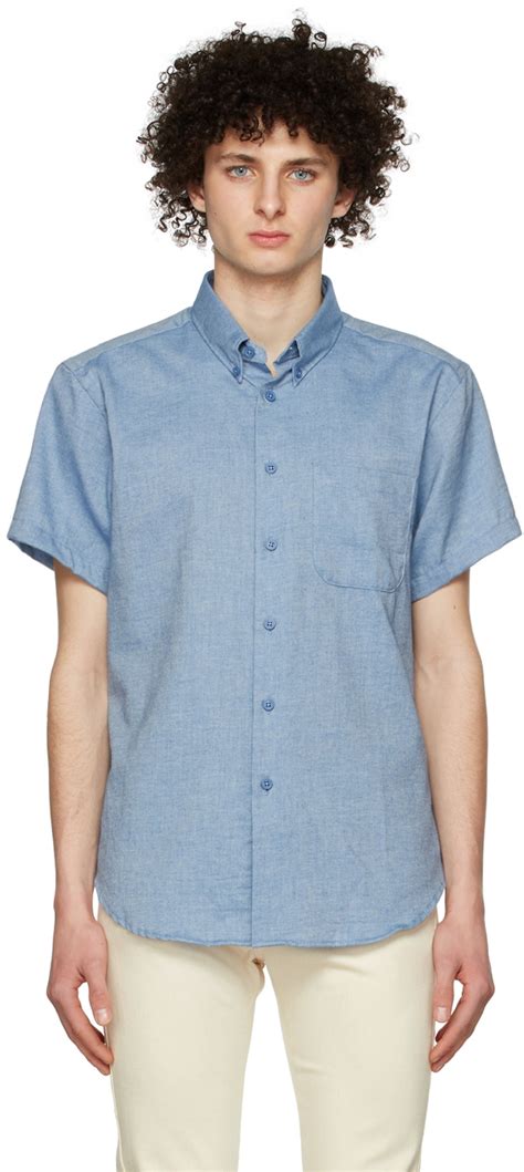 Naked Famous Denim Blue Organic Cotton Short Sleeve Shirt Naked And