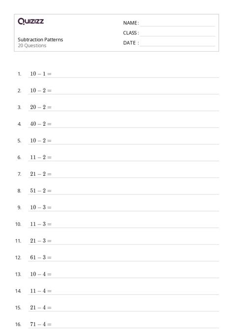 Subtraction And Patterns Of One Less Worksheets For Nd Grade On