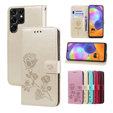 Galaxy S22 Ultra Wallet Case 3D Emboss Rose Flower PU Leather Case