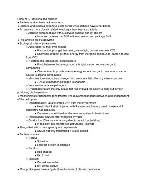 Bio 2 Study Guide Chapters 27 To 30 Chapter 27 Bacteria And Archaea