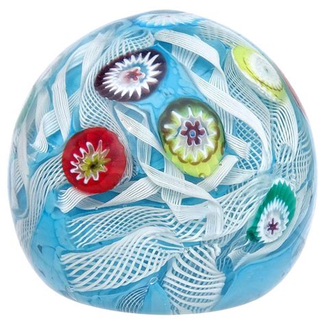 Murano Millefiori Flowers Blue White Ribbons Italian Art Glass Paperweight At 1stdibs