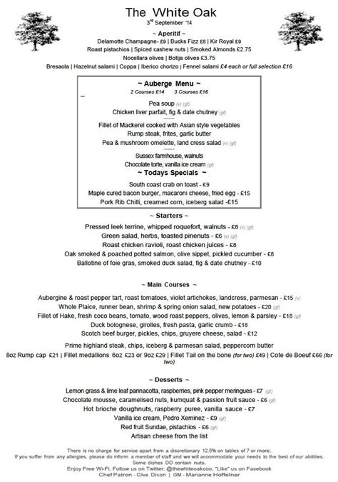 Menu at White Oak pub & bar, Cookham