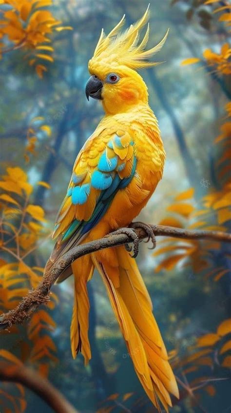 A Yellow And Blue Bird Sitting On Top Of A Tree Branch In Front Of Some