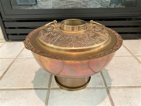 Lot Vintage Chinese Zodiac Brass Soup Warmer Fondue Pot Hot Pot
