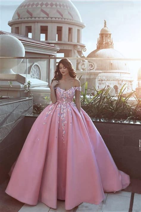 Pink Off the Shoulder Ball Gown Lace Appliques Satin Prom Dress – Okdresses