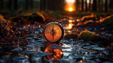 Premium Photo Vintage Compass On A Wet Surface Reflecting Its