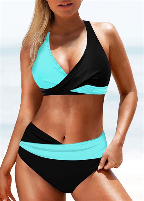 ROTITA Color Block Criss Cross Neck Mid Waist Bikini Set Rotita