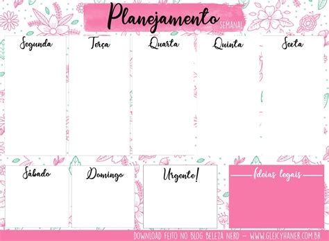 Folhas De Planner Semanal Para Download Greyce Matias