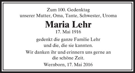 Traueranzeigen Von Maria Lehr Vrm Trauer De