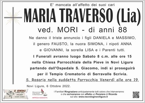 Necrologio Maria Traverso ved. Mori | Necrologi Novi Ligure