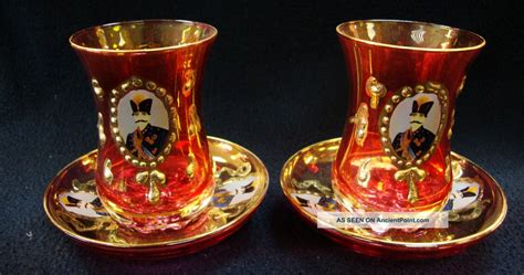 Pair Of Vintage Persian Qajar Islamic Bohemian Glass Teacup And Saucer