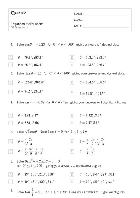 50 Trigonometric Equations Worksheets For 10th Grade On Quizizz Free