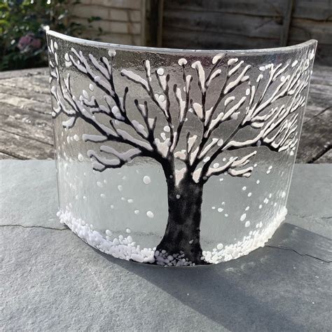 Fused Glass Winter Tree Candle Screen Etsy