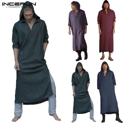 Incerun Men Arab Islamic Kaftan Retro Long Sleeve Loose Hooded Men