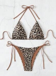 Swim SXY 2pcs Set Women S Sexy Random Leopard Print Spaghetti Strap Backless Side Tie Bikini Set