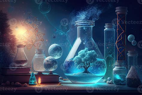 Science background illustration, scientific design. Flasks, glass and ...