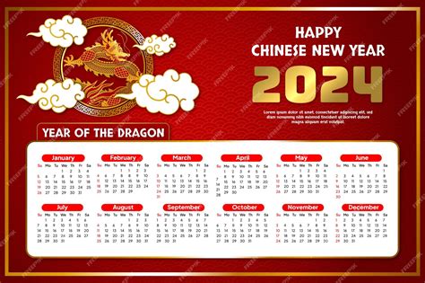 Feliz Ano Novo Chinês Calendário 2024 Com O Zodíaco Do Dragão Vetor