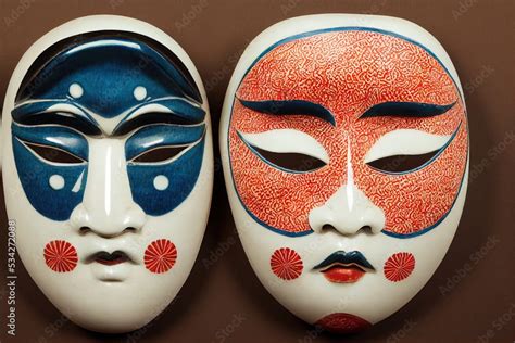 painted traditional japanese kabuki theater mask   ceramic wood