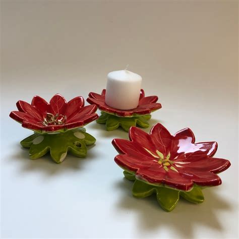 Poinsettia Pottery Dish Set 3 Ceramic Serving Flowers Etsy