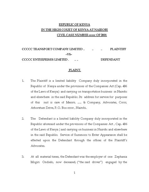 sample plaint  list  documents republic  kenya