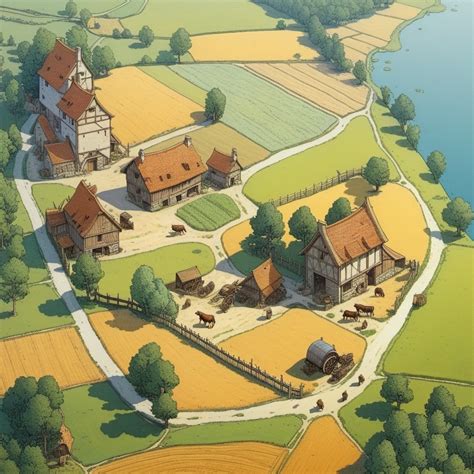 Medieval Farm Field Bird's Eye View by Moebius | Stable Diffusion Online