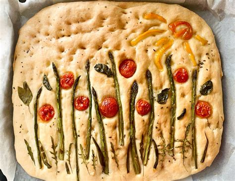 Focaccia Art Bread With Floral Vegetable Picture On Baking Tray Ready