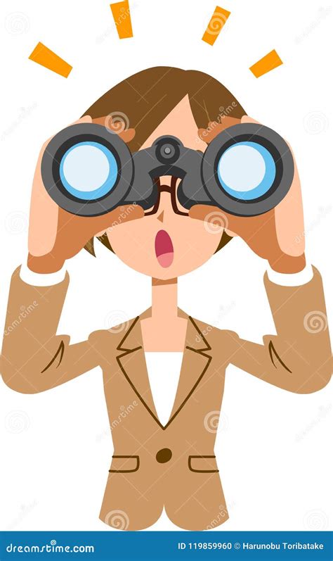 A Business Woman Looking Into Binoculars And Noticing Something Stock