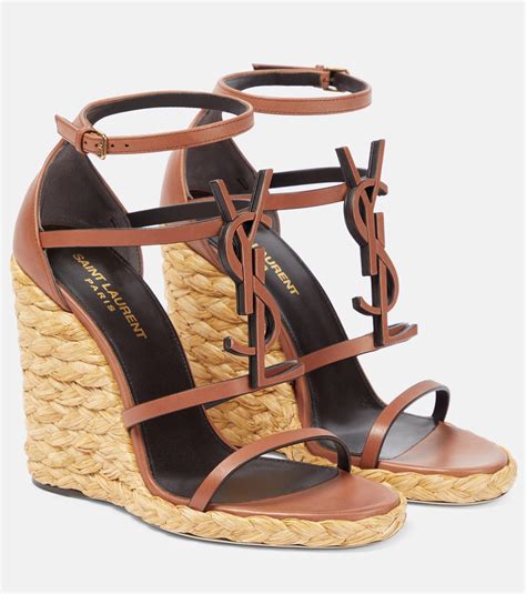 Saint Laurent Ysl Leather And Raffia Wedge Sandals In Metallic Lyst