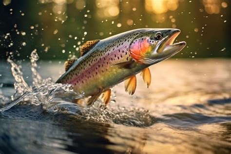 Premium Ai Image Rainbow Trout Splashing In The River Fishing Fish