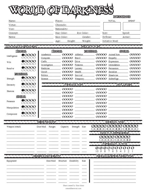 World of Darkness Character Sheet