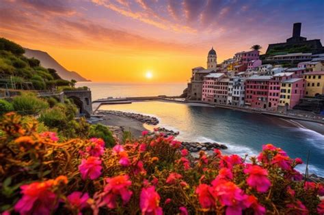 Premium Photo Beautiful Sunset Over Vernazza Village In Cinque Terre