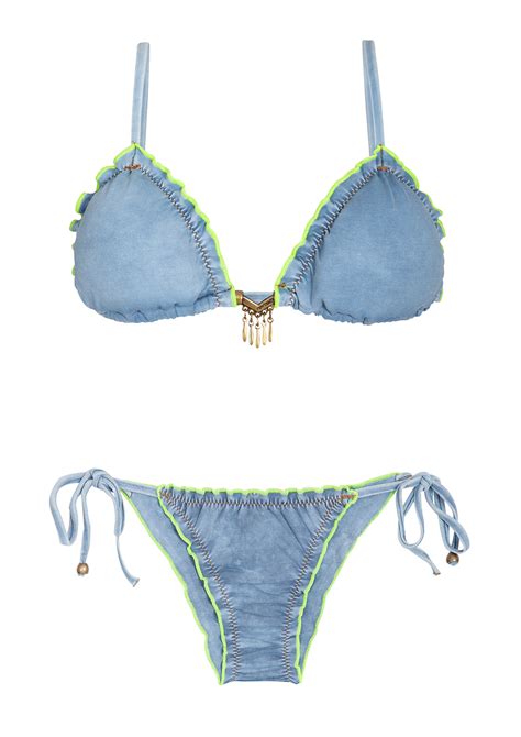 Scrunch Washed Denim Look Bikini Fluo Coloured Edges Ripple Jeans