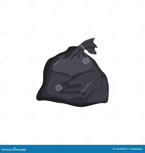 Simple Black Plastic Garbage Bag Full Of Trash With One End Tied Into