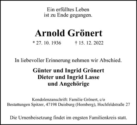 Traueranzeigen von Arnold Grönert Trauer in NRW de