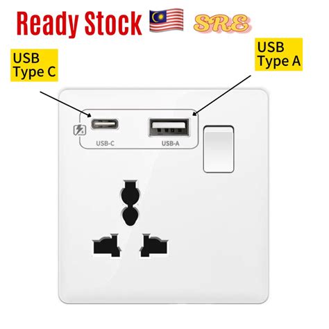 13A Universal Switch Socket USB Port Type C Fast Charging USB Multi