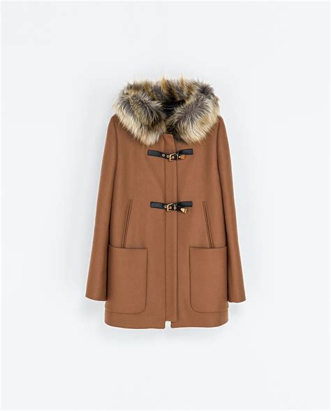 Zara Duffle Coat With Fur Hood In Brown Lyst