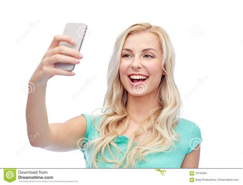 Smiling Young Woman Taking Selfie With Smartphone Stock Image Image