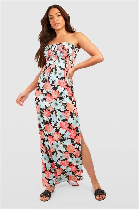 Tall Floral Shirred Bandeau Maxi Dress Boohoo Uk