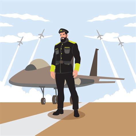 Vector illustration of a pilot standing on the runway with an airplane ...