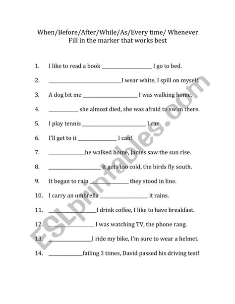 English Worksheets Adverbial Clauses Of Time