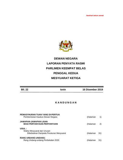 Pdf Naskhah Belum Semak Dewan Negara Laporan Penyata Rasmi Parlimen