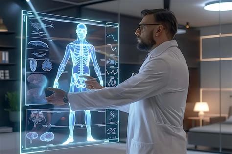 Futuristic medical office with a doctor analyzing a 3D holographic ...