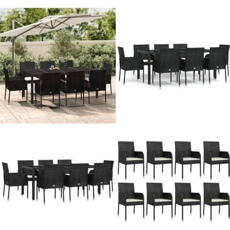 Ensemble à manger jardin 9pcs et coussins noir résine tressée