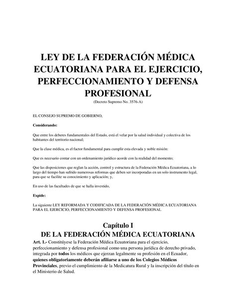 Docx Ley De La Federacin Mdica Ecuatoriana Para El Ejercicio