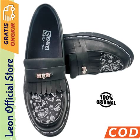 Jual Leon Artistic Sepatu Loafers Docmart Skull Batik Hitam Pria Formal