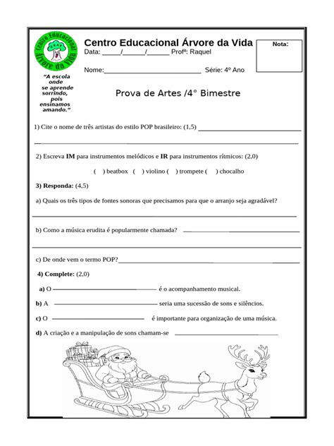 Provas De Artes 4 Ano - Prova de Artes 4º Ano - Bimestre 4 | PDF