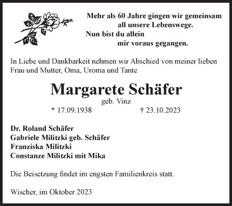 Traueranzeigen Von Margarete Sch Fer Abschied Nehmen De