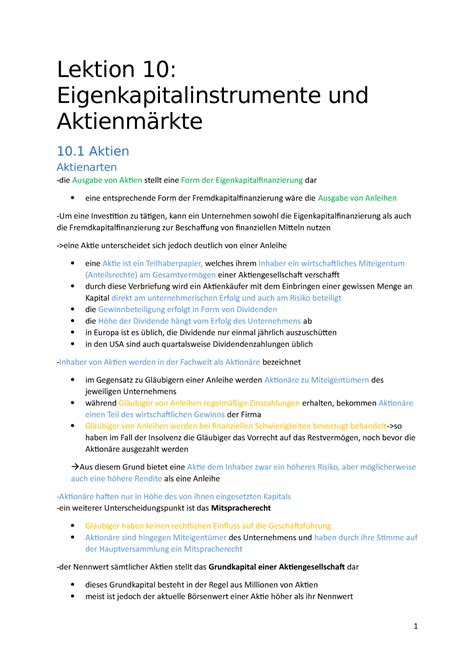 Lektion 10 Lektion 10 Eigenkapitalinstrumente und Aktienmärkte 10